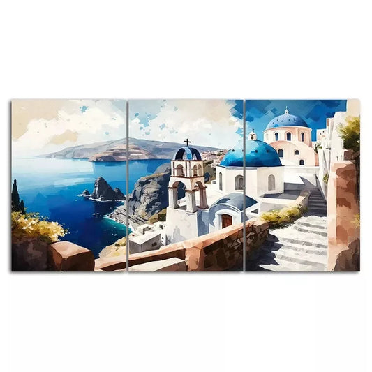 3 Piece Santorini Island Painting Style Canvas Framed 40x60cm - High Quality Print 100% Australian Made Wall Canvas Ready to Hang