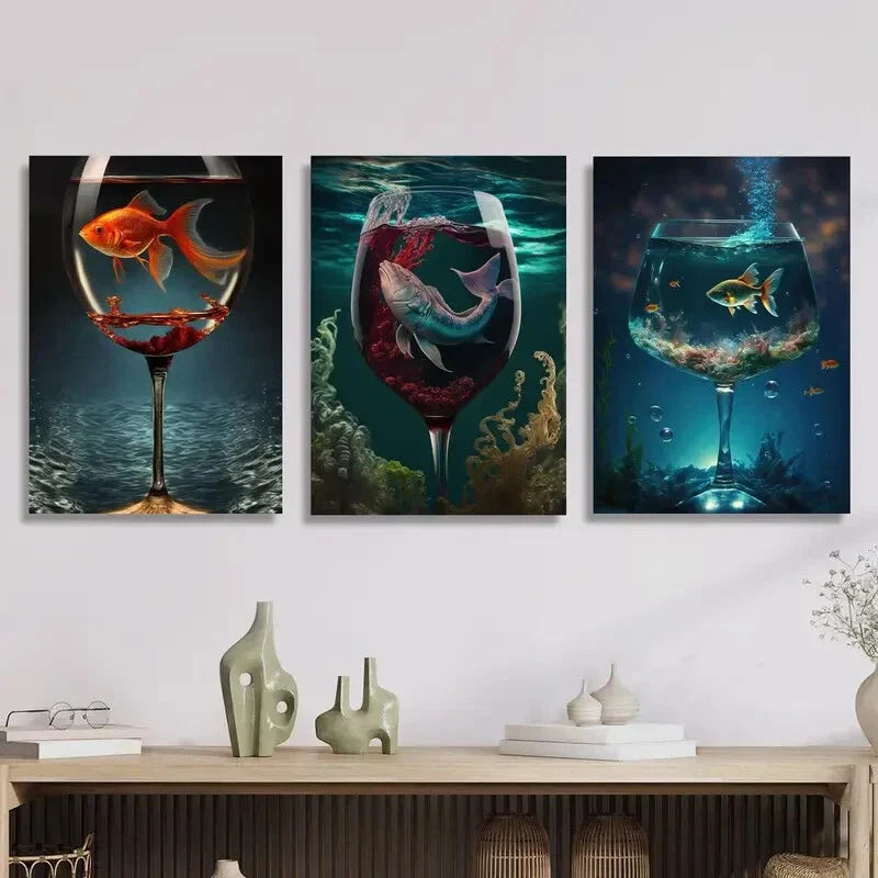 3pcs Aquarium in a cup, fish poster, Metal Print Ready to Hang Art