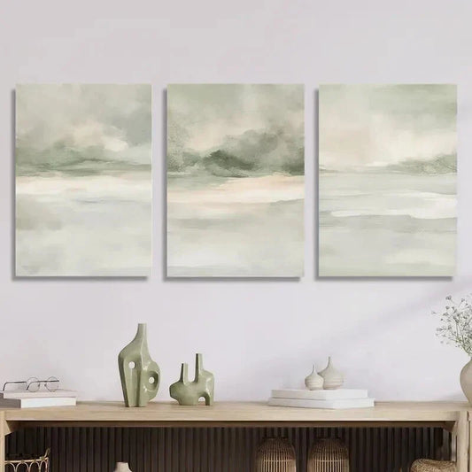 3pcs Sage Green Abstract Landscape Metal Print Ready to Hang Art