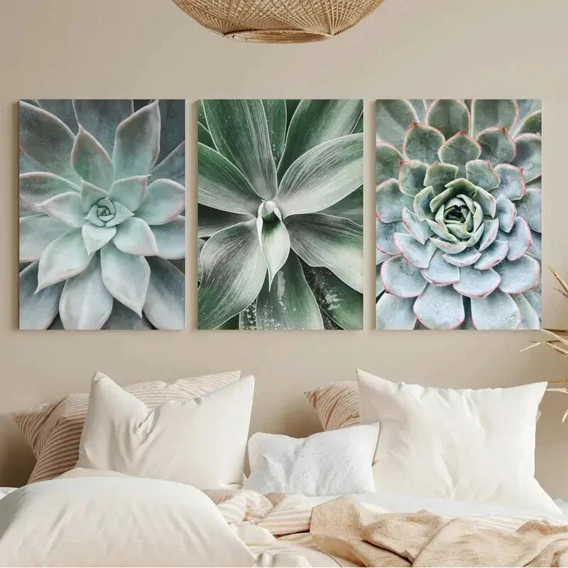 3pcs Vibrant Green & Blue Aloe Vera & Echeveria Metal Print Ready to Hang Art