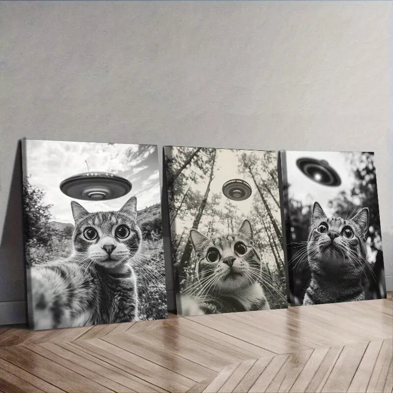 3pcs Cat Capturing A Selfie With A UFO Wall Art Set Canvas Framed 40x60cm - High Quality Print 100% Australian Made Wall Canvas Ready to Hang