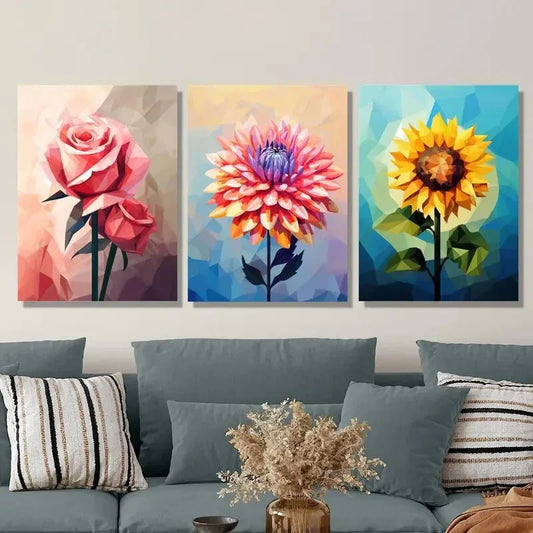 3pcs Cubism pink rose, abstract dahlia Metal Print Ready to Hang Art