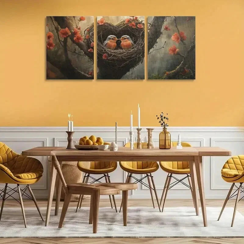 3pcs Heart-Shaped Tree Trunk with Youngsters Robin Metal Print Ready to Hang Art