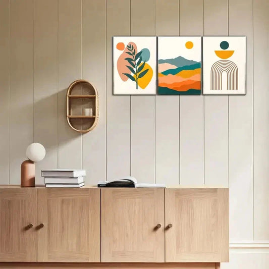 3pcs Artistic Colorful Leaves and Mountains Sun Metal Print Ready to Hang Art