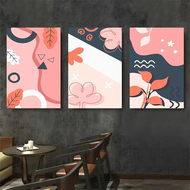 3pcs Pink Orange Modern Geometric Shapes Metal Print Ready to Hang Art