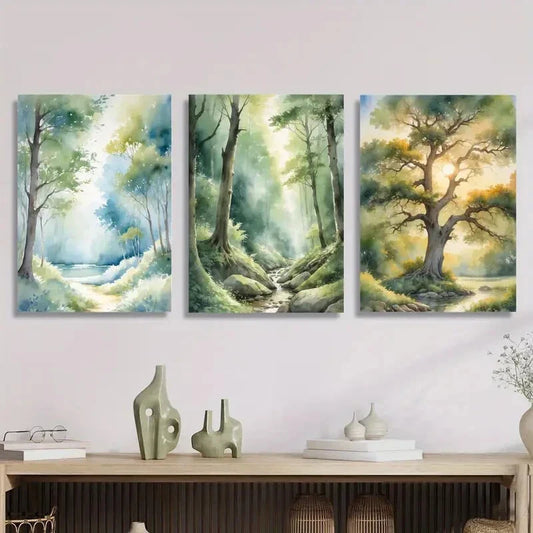 3pcs Featuring a Serene Forest Path And River Metal Print Ready to Hang Art