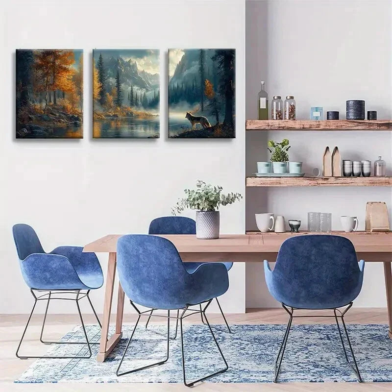 3pcs Wolf Mountain Majestic Forest Landscape Metal Print Ready to Hang Art