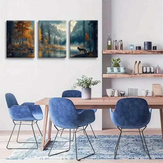 3pcs Wolf Mountain Majestic Forest Landscape Metal Print Ready to Hang Art