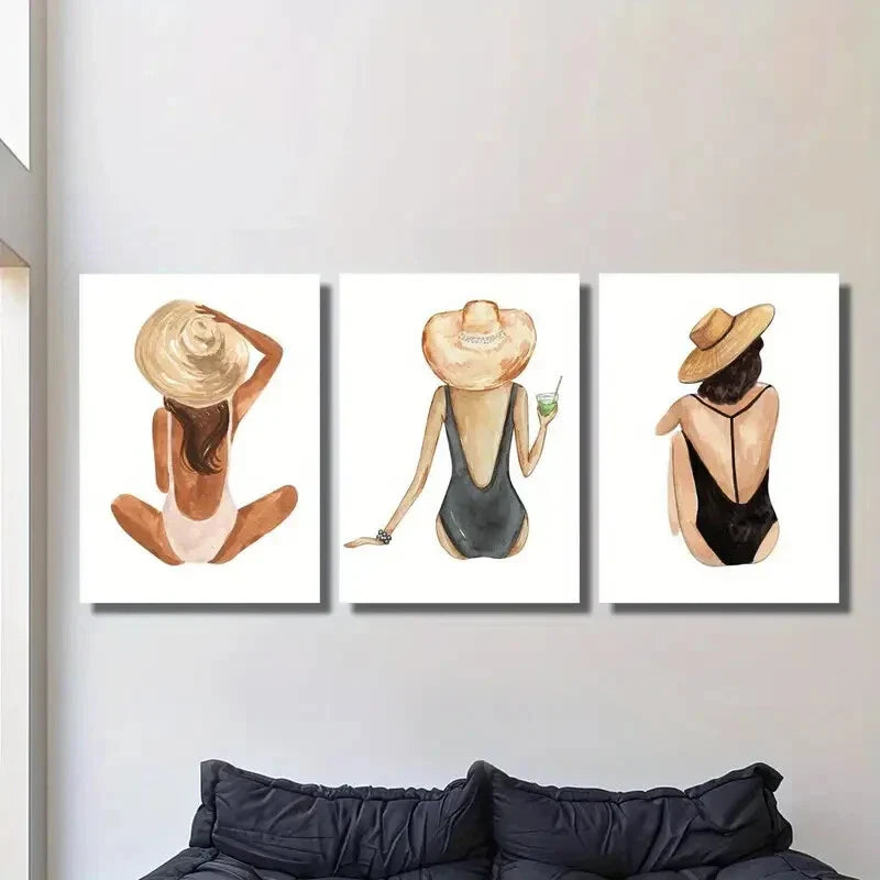 3pcs girl, gouache, beach girl, Wall Art Canvas Unframed/Framed Wall Art Set Canvas Framed 40x60cm - High Quality Print 100% Australian Made Wall Canvas Ready to Hang