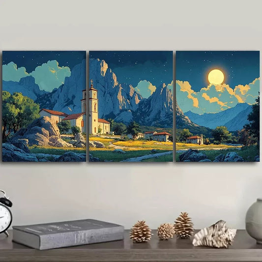 3pcs Painting A Church Under The Mountains Wall Art Set Canvas Framed 40x60cm - High Quality Print 100% Australian Made Wall Canvas Ready to Hang