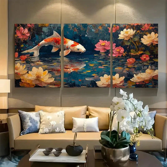 3pcs Koi Fish Painting Pink and Orange Florals Metal Print Ready to Hang Art
