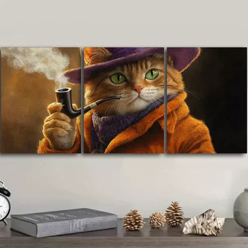 3pcs A Cat With A Pipe Smoke Orange Cat Wall Art Set Canvas Framed 60x90cm - High Quality Print 100% Australian Made Wall Canvas Ready to Hang