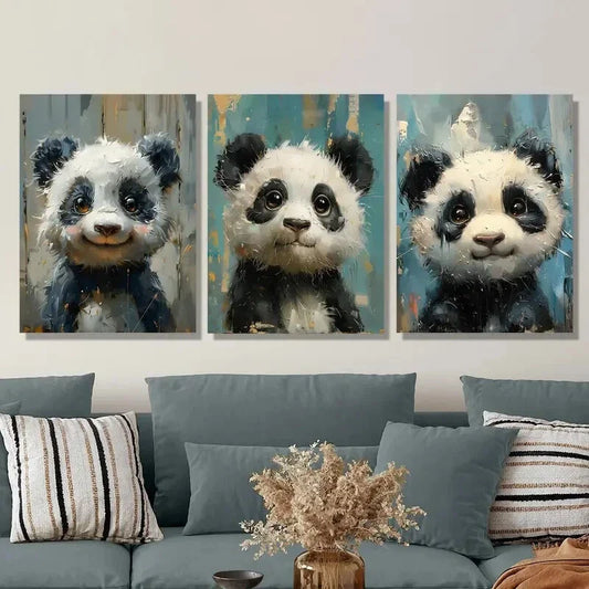 3pcs Cute panda imitation wood board Metal Print Ready to Hang Art