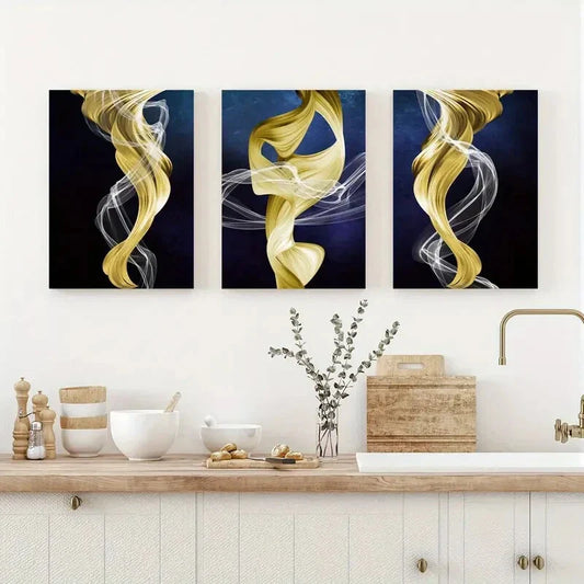3pcs Abstract Yellow Ribbon Smoke Metal Print Ready to Hang Art
