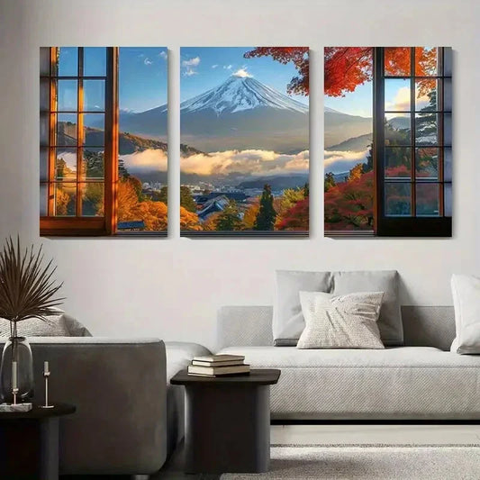3pcs Vibrant Fall Foliage & Misty Mountain Scene Metal Print Ready to Hang Art