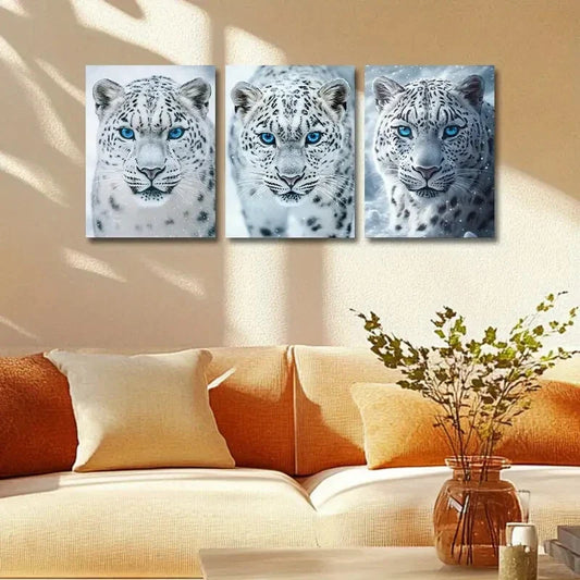 3pcs White Leopard with Blue Eyes Metal Print Ready to Hang Art