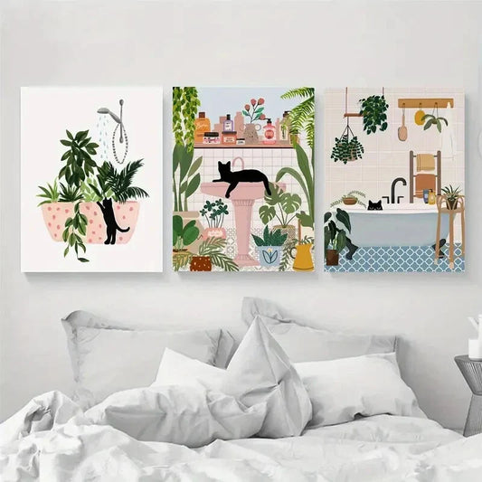3pcs Minimal Botanical Bath tub & House Plant Metal Print Ready to Hang Art