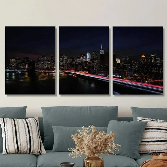 3pcs New York City Night Skyline, Metal Print Ready to Hang Art