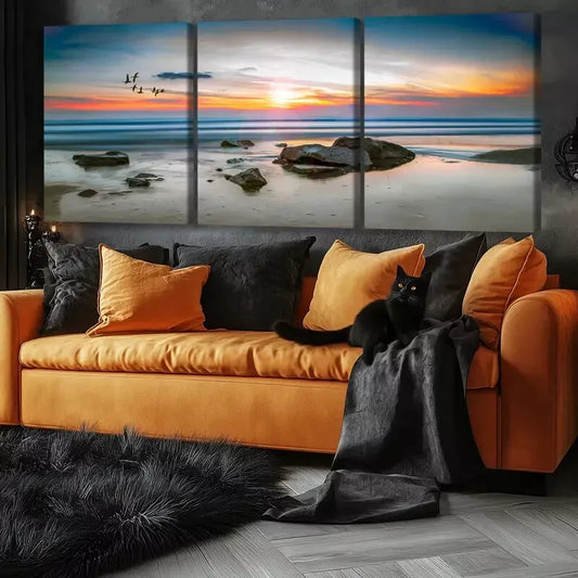 3pcs Sunset Beach Seascape with Birds Canvas Framed 40x60cm - High Quality Print 100% Australian Made Wall Canvas Ready to Hang