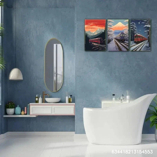 3pcs Train Tracks Moving Train Japanese Landscape Metal Print Ready to Hang Art