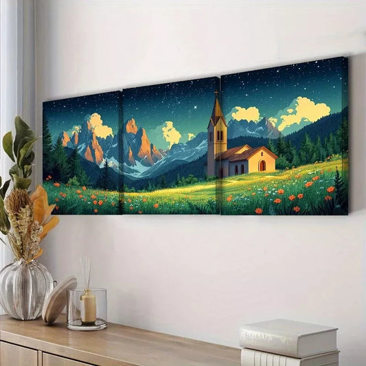 3pcs Depicting A Church Nestled Among Mountains Wall Art Set Canvas Framed 40x60cm - High Quality Print 100% Australian Made Wall Canvas Ready to Hang