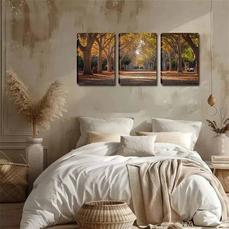 3pcs Autumn Road On Both Sides Of Trees Wall Art Set Canvas Framed 40x60cm - High Quality Print 100% Australian Made Wall Canvas Ready to Hang