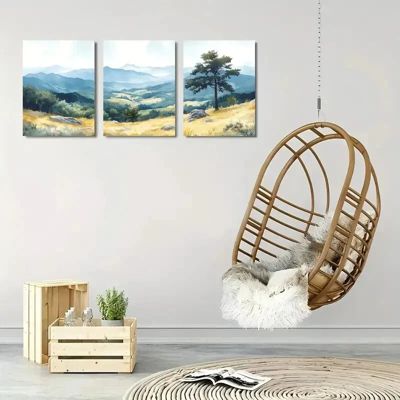 3pcs Watercolor Landscape with Rolling Hills Metal Print Ready to Hang Art
