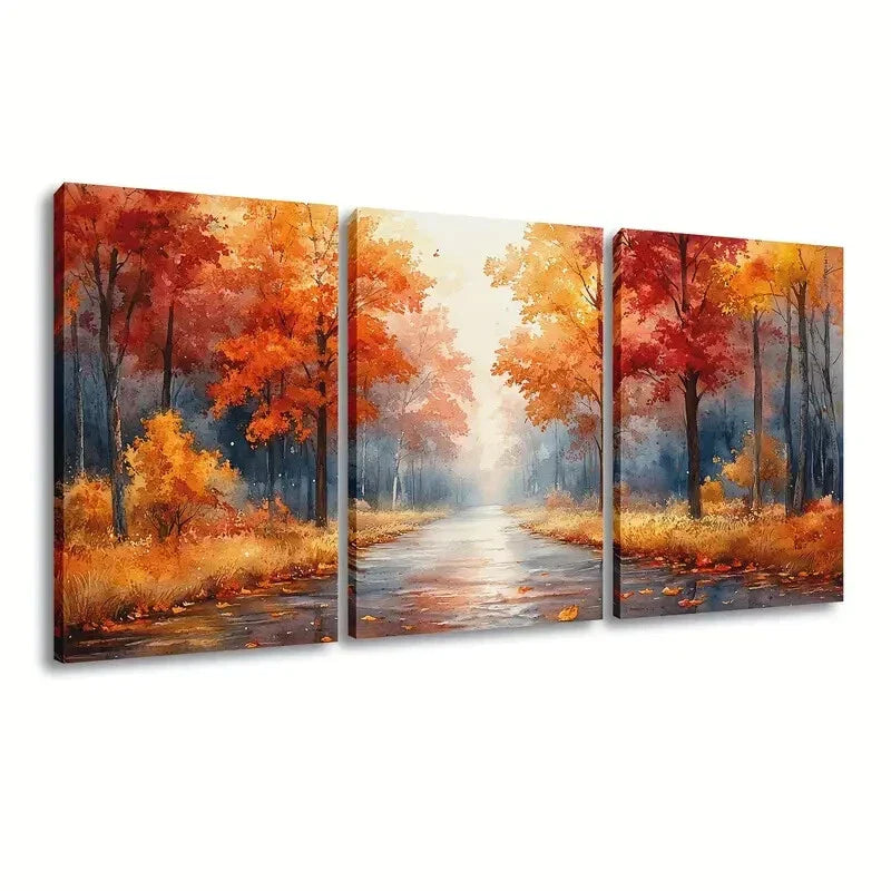 3pcs Vibrant Autumn Park Pathway Wall Art Set Canvas Framed 40x60cm - High Quality Print 100% Australian Made Wall Canvas Ready to Hang