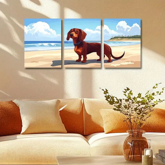 3pcs Adorable Dachshund Puppy on Beach Scene Metal Print Ready to Hang Art
