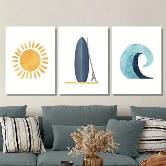3pcs orange sun sunshine doodle, blue surfboard Wall Art Set Canvas Framed 40x60cm - High Quality Print 100% Australian Made Wall Canvas Ready to Hang