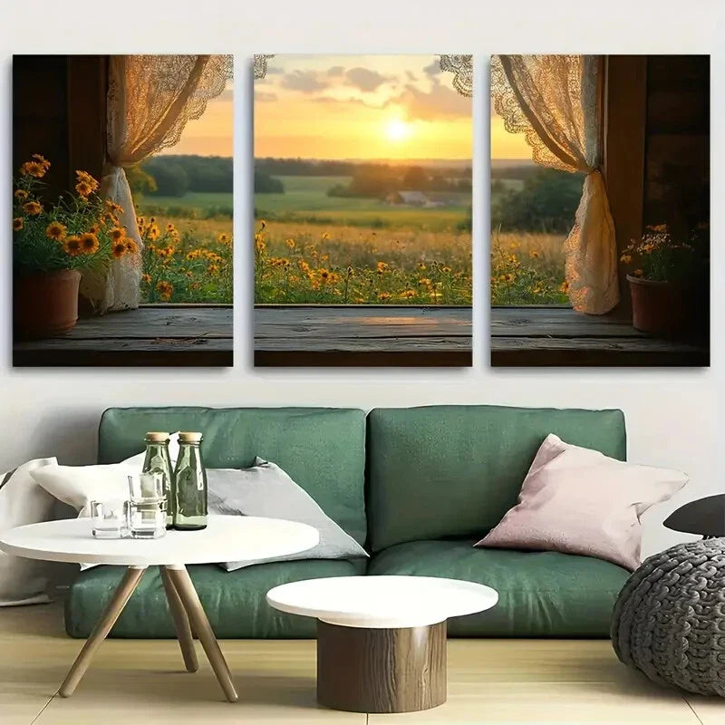 3pcs Country Window View, Lace Curtains & Sunset Metal Print Ready to Hang Art