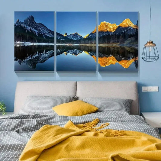 3pcs Turquoise Lake and Mountain Picture Metal Print Ready to Hang Art