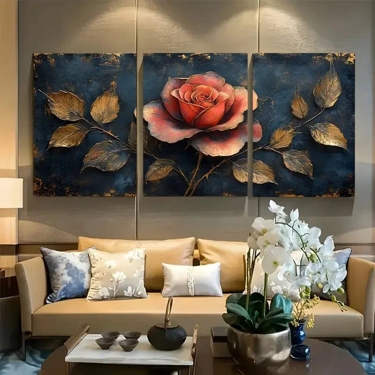 3pcs Surreal Velvet Rose Design Metal Print Ready to Hang Art