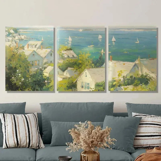 3pcs Oil painting style cottage by the sea, Metal Print Ready to Hang Art