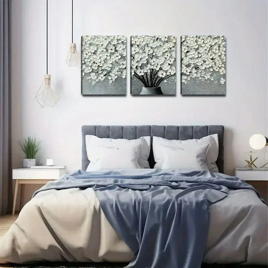 3pcs Elegant White Floral Canvas Art Print Metal Print Ready to Hang Art