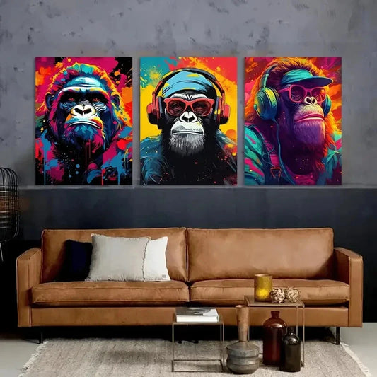 3pcs Funny & Stylish Monkey with Headphones Metal Print Ready to Hang Art
