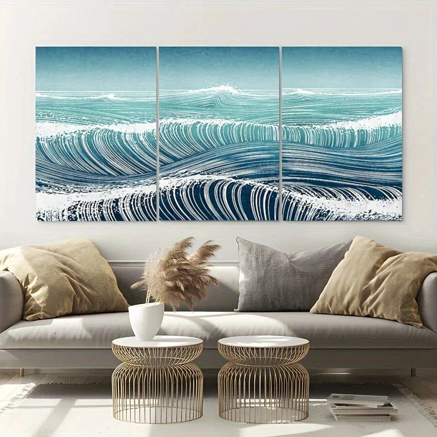 3pcs Beach Scene Blue Waves Blue & White Metal Print Ready to Hang Art