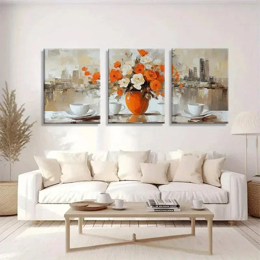 3pcs Elegant Orange Rose And White Flower Metal Print Ready to Hang Art