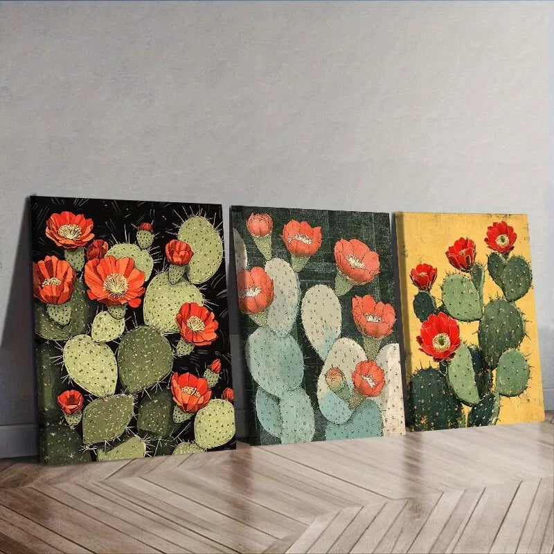 3pcss Featuring Blooming Cacti Wall Art Set Canvas Framed 40x60cm - High Quality Print 100% Australian Made Wall Canvas Ready to Hang
