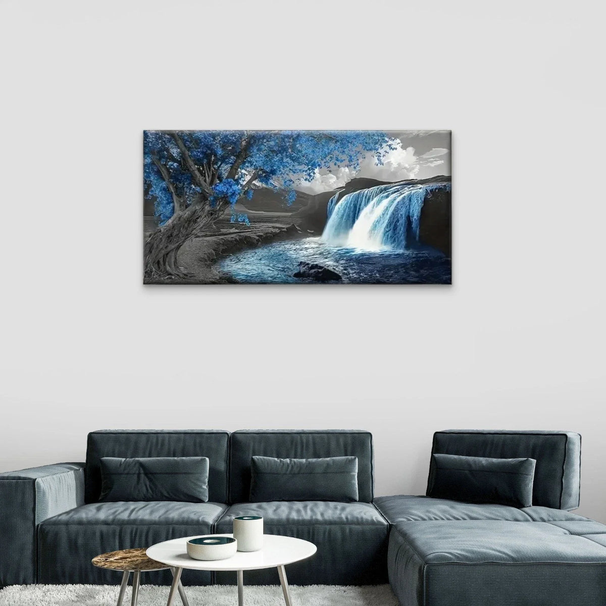 Waterfall Blue Trees Grey Sky Wall Art Canvas Office Home Room Framed 80x45cm