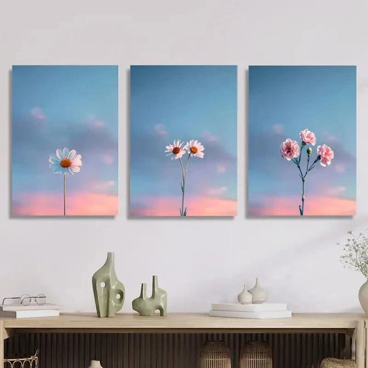 3pcs Simple Daisies and Fresh Sky, Metal Print Ready to Hang Art