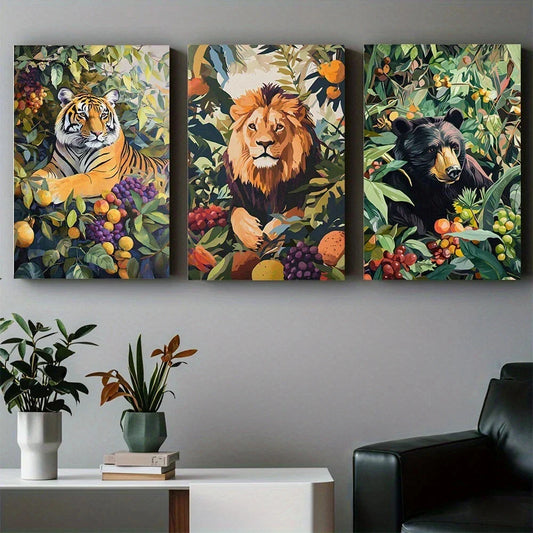 3pcs Vibrant Jungle Lion Tiger Bear Wildlife Metal Print Ready to Hang Art