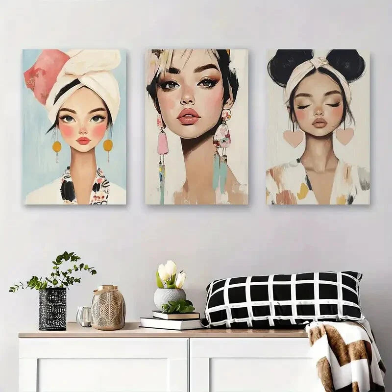 3pcs Stylish Women with Headbands & Earrings Metal Print Ready to Hang Art