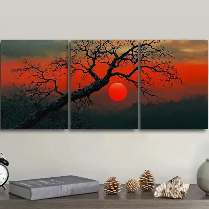 3pcs The Red Sun Tree Art Painting Metal Print Ready to Hang Art