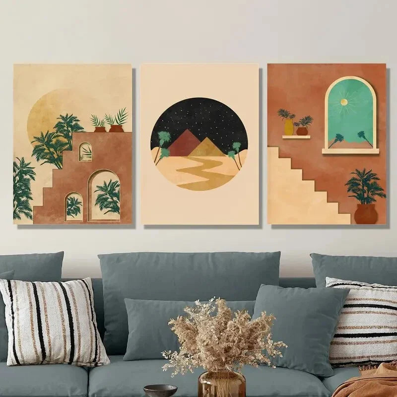 3pcs Abstract Cityscape, Moroccan Burnt Orange, Metal Print Ready to Hang Art