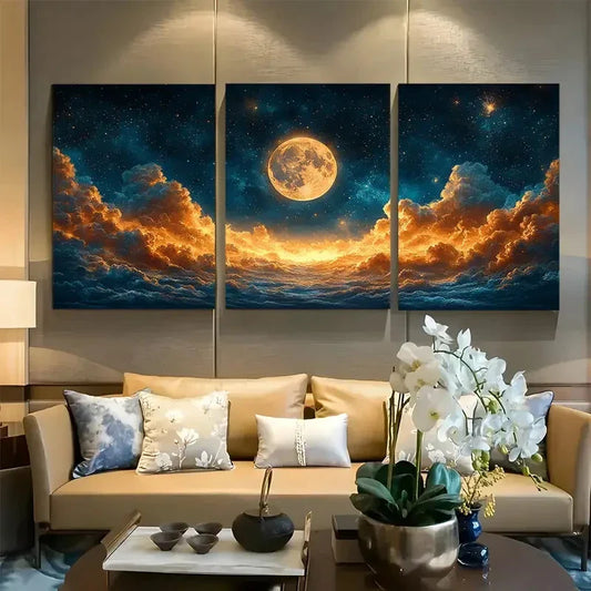 3pcs Mystical Moonrise Over Golden Clouds Metal Print Ready to Hang Art