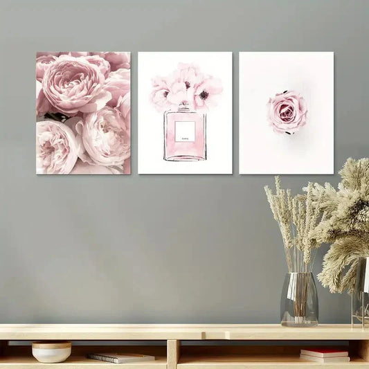 3pcs Perfume Pink Peonies Blush & Pink Rose Metal Print Ready to Hang Art