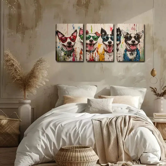 3pcs Four Dogs Wearing Glasses Wall Art Set Canvas Framed 40x60cm - High Quality Print 100% Australian Made Wall Canvas Ready to Hang