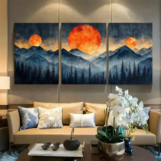 3pcs Sunset Forest Landscape Abstract Illustration Metal Print Ready to Hang Art
