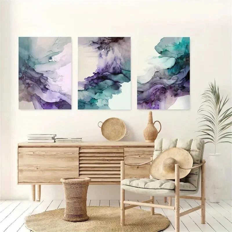 3pcs Violet Teal Watercolor Abstract Metal Print Ready to Hang Art